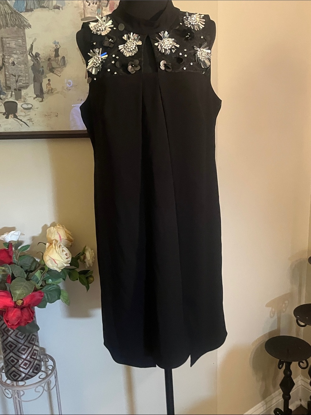 Sleeveless Black Mini Dress with Jeweled Neckline